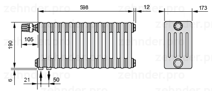 Схема (чертеж) Радиатор Zehnder Charleston 5019/13 №V001 Белый глянцевый RAL 9016